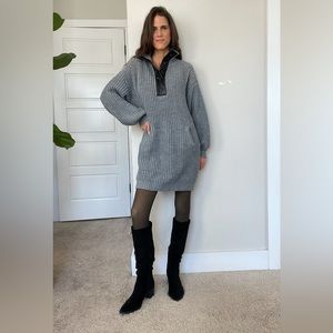 Sweater dress with faux leather details, S